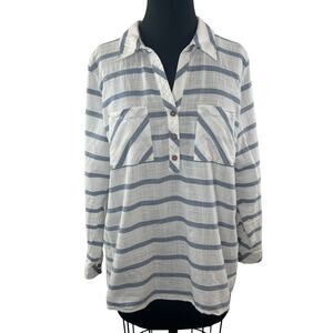 Soft Surrounding White Blue Top Cotton Striped Collared Half Placket Size XL